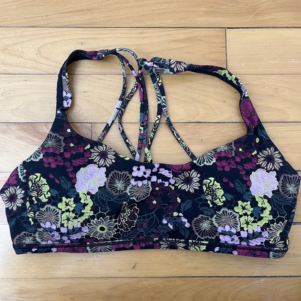 Lululemon Free To Be Wild Sports Bra Size 8 Floral Strappy Back Black Multi